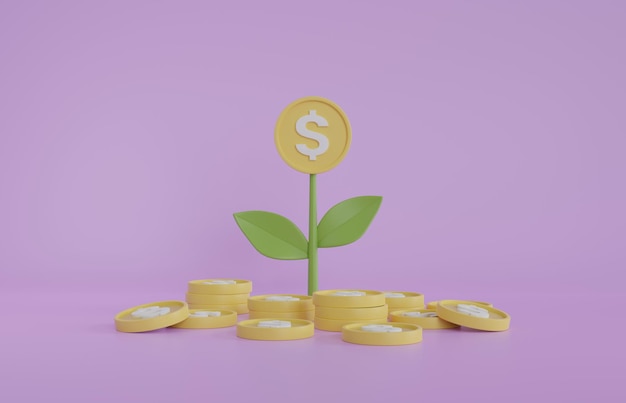 Pohon minimal dengan koin mekar tumbuh sebagai investasi Ilustrasi render 3D