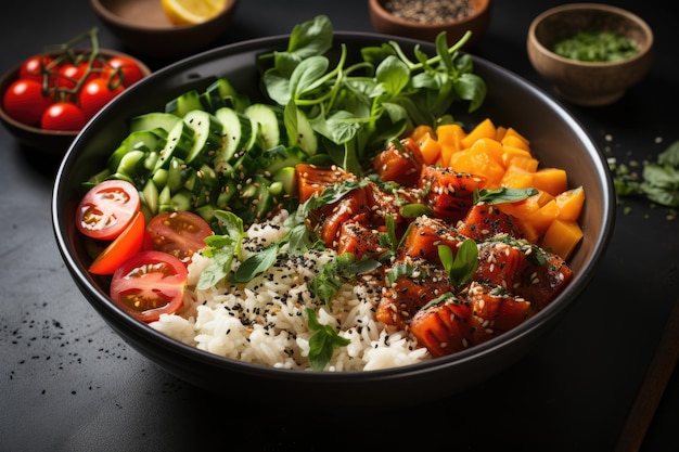 Poke Bowl con riso di salmone e verdure in una ciotola nera cucina hawaiana