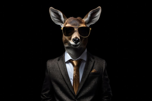 Poker Face Deer in tuta e occhiali da sole su sfondo nero IA generativa