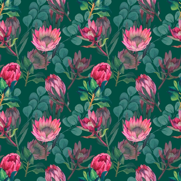 Photo pola tanpa batas cat air dengan latar belakang floral protea magenta, bunga yang mekar, dan daun protea