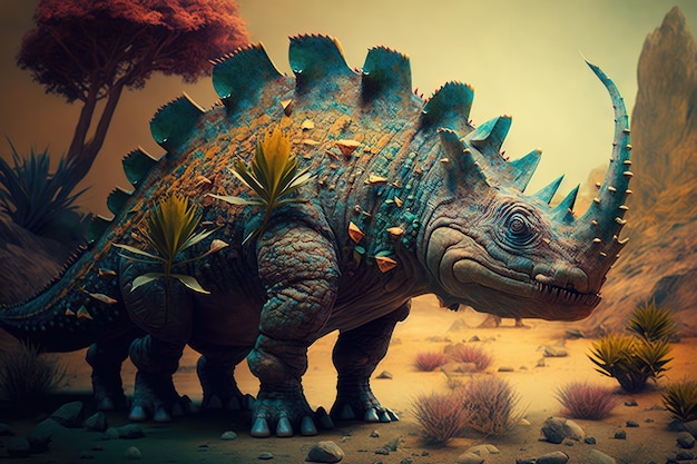 Polacanthus Colorato dinosauro pericoloso nella lussureggiante natura preistorica di Generative AI