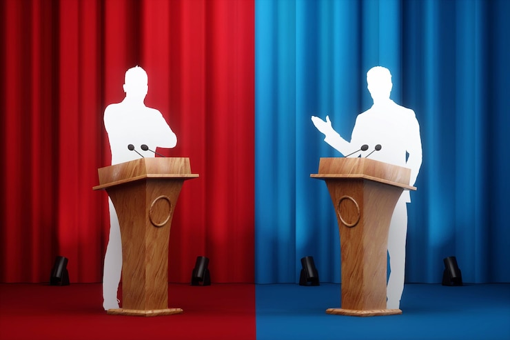 Photo political debates struggle for leadership power appeal to voters two candidates two wooden stands
