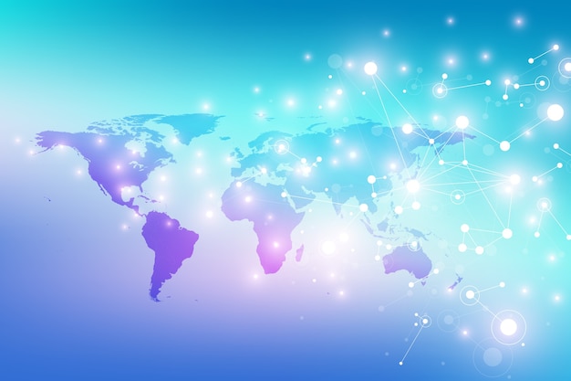 political world map with global technology networking concept. digital data visualization. lines plexus. big data background communication. scientific illustration.