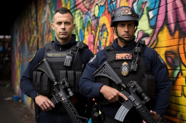 polizia in piedi che pattuglia le strade