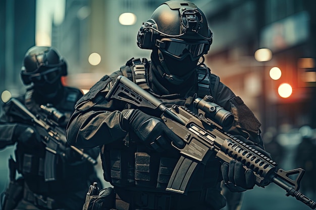 Poliziotti in azione per le strade della città Una forza speciale militare con attrezzature tattiche futuristiche e armi generate dall'IA