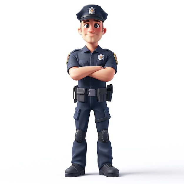 Poliziotto dei cartoni animati fiducioso in piedi con le braccia incrociate