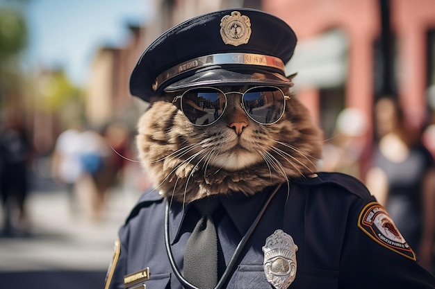 Poliziotto felino in pattuglia stradale AI