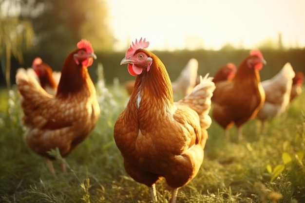 Polli ruspanti biologici nella fattoria tradizionale al tramonto