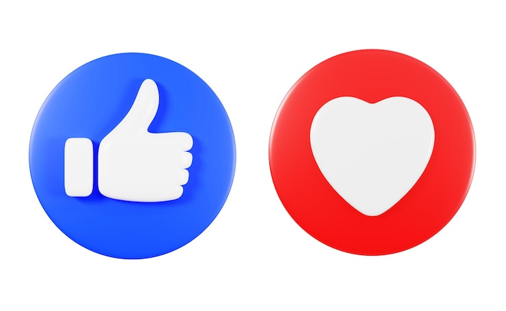 Foto pollice in su con l'icona del cuore rosso icona dei social media, rendering 3d