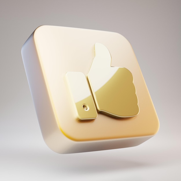 Pollice in su icona. Simbolo Golden Thumbs Up su placcato oro opaco. 3D ha reso l'icona dei social media.