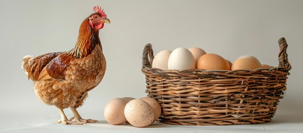 Pollo accanto a un cesto di uova