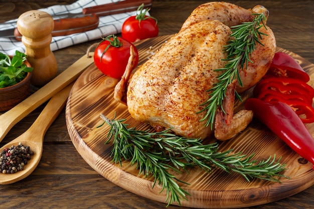 Pollo al forno con una crosta dorata con verdure ed erbe su un fondo di legno.