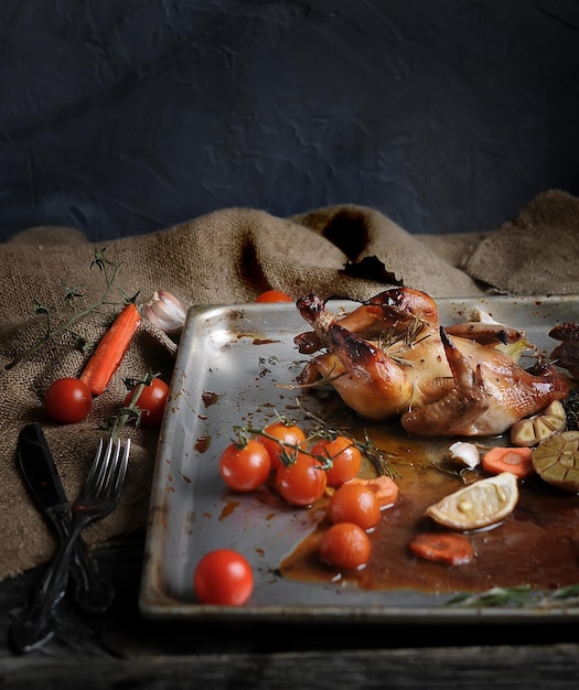 pollo al forno con verdure e spezie sfondo grigio strutturato