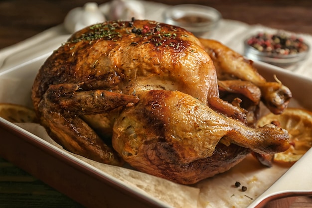 Pollo al forno fatto in casa con limone sul tavolo