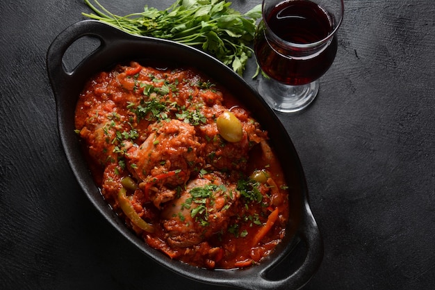 Pollo alla cacciatora con peperoni, pomodori, olive nere. cibo italiano