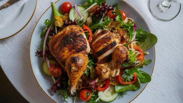 Pollo alla griglia e insalata sul tavolo.