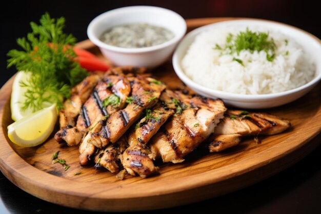 Pollo alla griglia servito su riso bianco al gelsomino