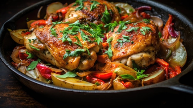 Pollo alla griglia succulento con erbe fresche e verdure colorate in padella