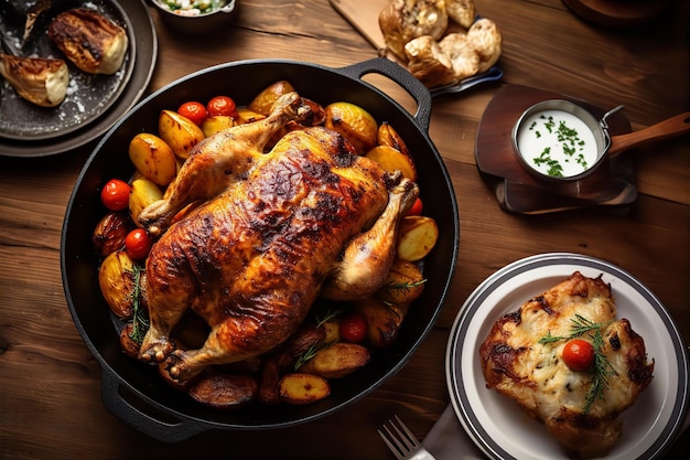 Pollo arrostito in forno olandese per la colazione sul tavolo di legno con sfondo della sala da pranzo omosessuale