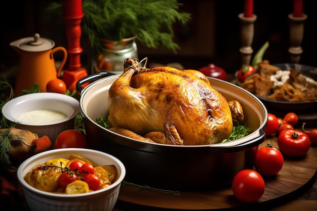 Pollo arrostito in forno olandese per la colazione sul tavolo di legno con sfondo della sala da pranzo omosessuale