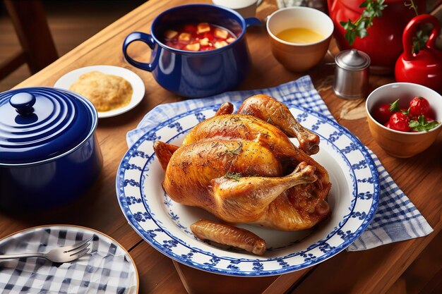 Pollo arrostito in forno olandese per la colazione sul tavolo di legno con sfondo della sala da pranzo omosessuale