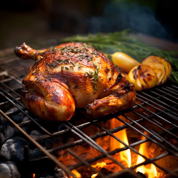 Pollo arrosto alla griglia con le fiamme sullo sfondo