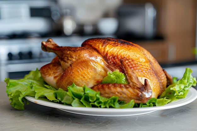 Pollo arrosto con patatine fritte e insalata di verdure sul tavolo.