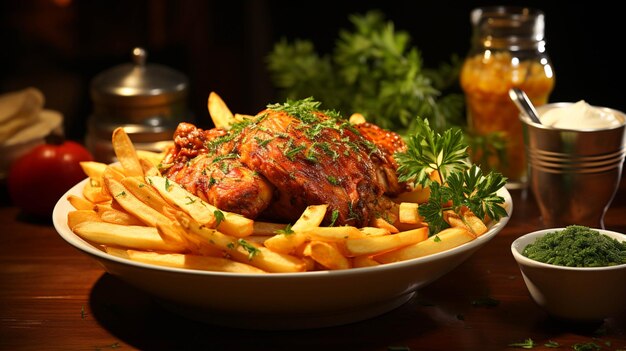 Pollo arrosto con patatine fritte su giallo