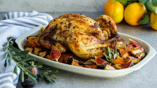 Pollo arrosto con rosmarino e patate dolci. servito su pietra grigia, cibo latino-americano, vista dall'alto