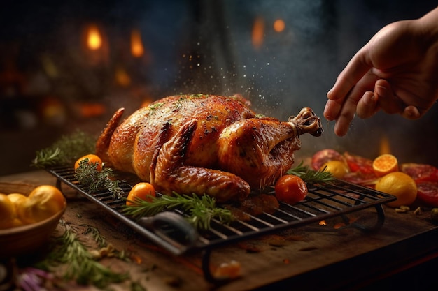 Pollo arrosto su una griglia con un fuoco sullo sfondo