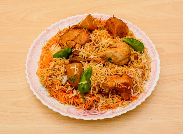 Pollo biryani o biriyani servito in un piatto isolato sul piano del tavolo vista cibo piccante indiano