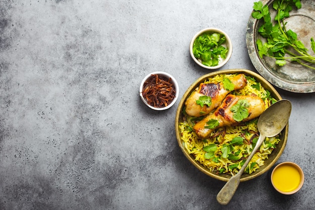 Pollo Biryani, piatto tradizionale della cucina indiana, con riso basmati, cipolla fritta, coriandolo fresco in ciotola su sfondo grigio pietra rustica. Autentico pasto indiano, vista dall'alto, primo piano, spazio per il testo