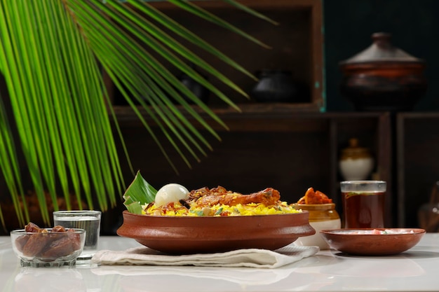 Pollo biryani stile kerala pollo dhum biriyani disposto tradizionalmente in un vasellame di terracotta