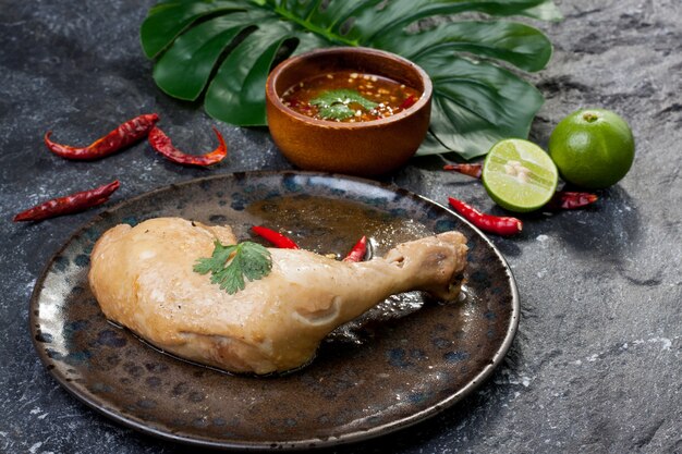 Pollo bollito con salsa di pesce in piatto su roccia nera La Tailandia che cucina asiatico