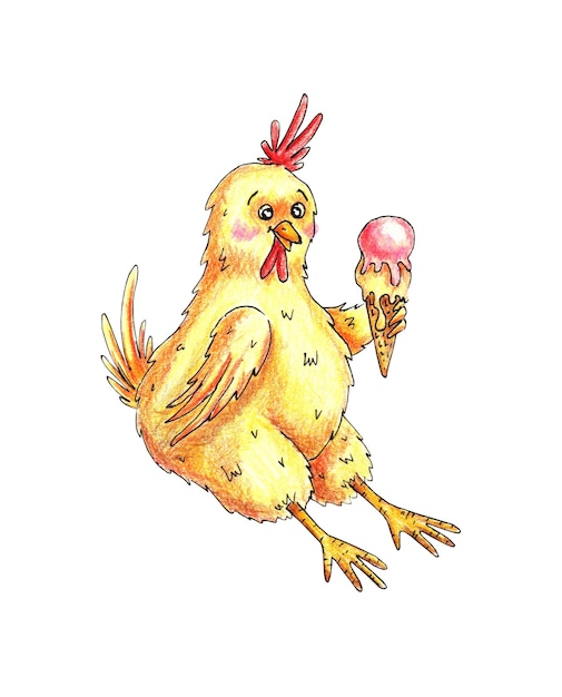 Pollo che mangia il gelato con le matite colorate