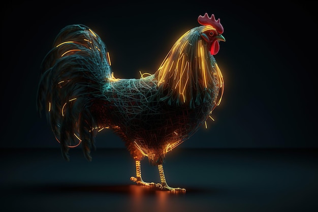 Pollo con luce che si trova nel mondo digitale su uno sfondo scuro Animali da fattoria illustrazione AI generativa