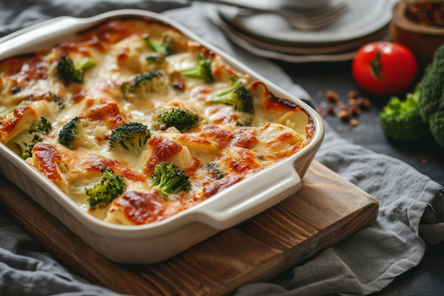 Pollo cremoso e broccoli al forno in un piatto di casserole AI generativa