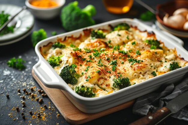 Pollo cremoso e broccoli cotti in una casseruola AI generativa