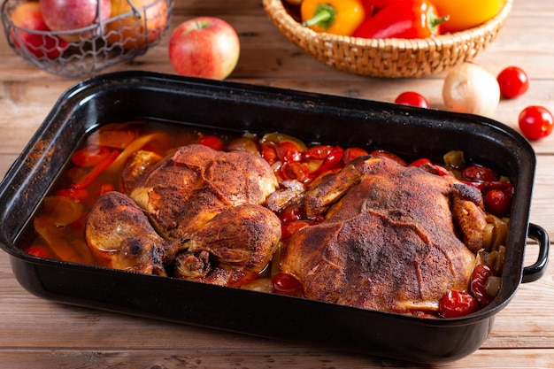 Pollo croccante dorato intero al forno in una teglia cucinata con le verdure sulla tavola di legno