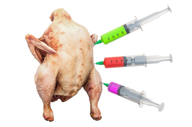 Pollo di fila con una siringa piena di sostanze chimiche Rendering 3D del concetto di modifica genetica degli alimenti