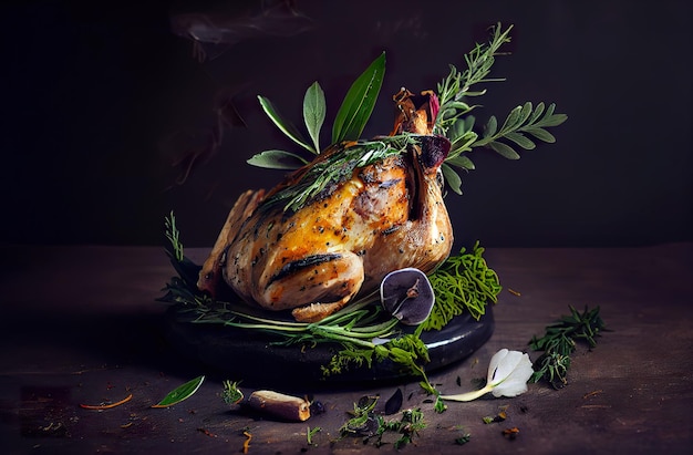 Pollo disossato con erbe su uno sfondo di pietra nera.