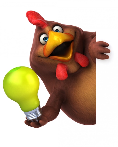 Pollo divertente 3d che tiene una lampadina