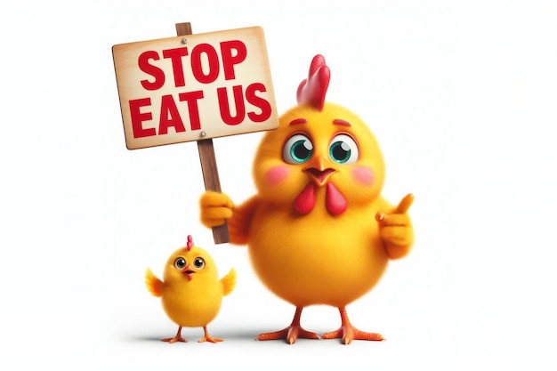 pollo divertente che tiene un cartello con la scritta STOP EAT US su sfondo bianco isolato ai generativo