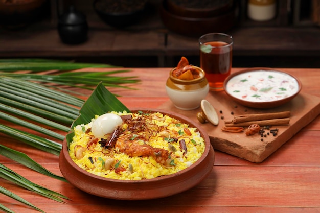 Pollo dum biryani sottaceto al limone e raita come contorno e tè caldo al limone