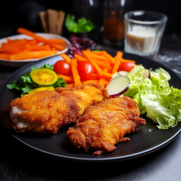 Pollo fresco croccante fritto su un piatto con insalata generata da Ai