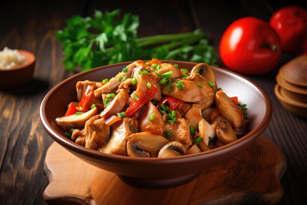 Pollo fritto con funghi peperoni ed erba cipollina in una ciotola Cucina asiatica