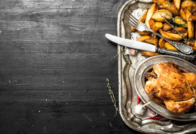 Pollo fritto con patate su un vassoio.