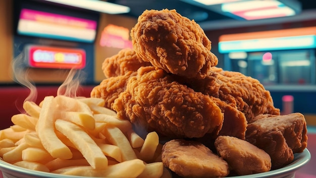 Pollo fritto con patatine fritte e nuggets