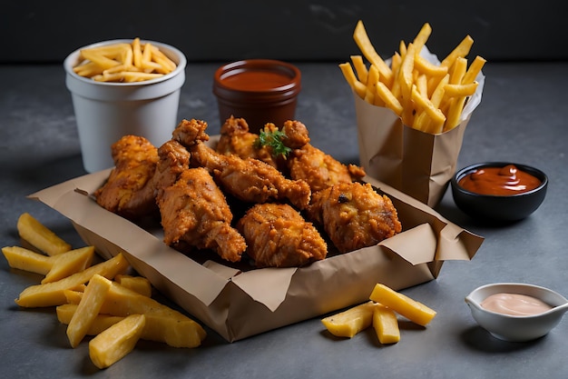 pollo fritto con patatine fritte e nuggets