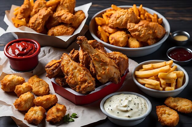 pollo fritto con patatine fritte e nuggets